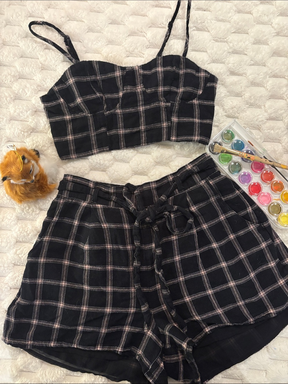 American Eagle Outfitters Black & Cream Plaid Cropped Cami and Shorts Set